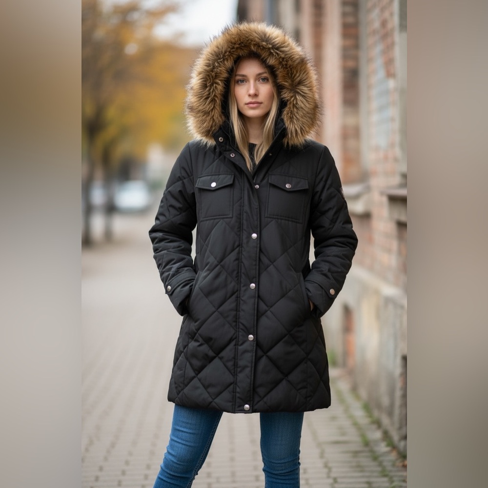 Liz Claiborne Women’s Black‎ 3/4 Length Down Puffer Coat Parka Sz L Hood Winter